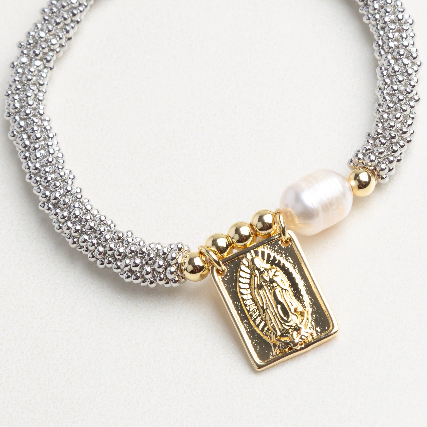 Pulsera Plateada Virgen María con Perla