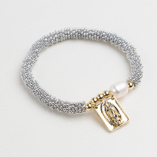 pulsera plateada de cuentas, pulsera elástica de cuentas, pulsera elástica de la virgen maría, pulsera virgen maría 